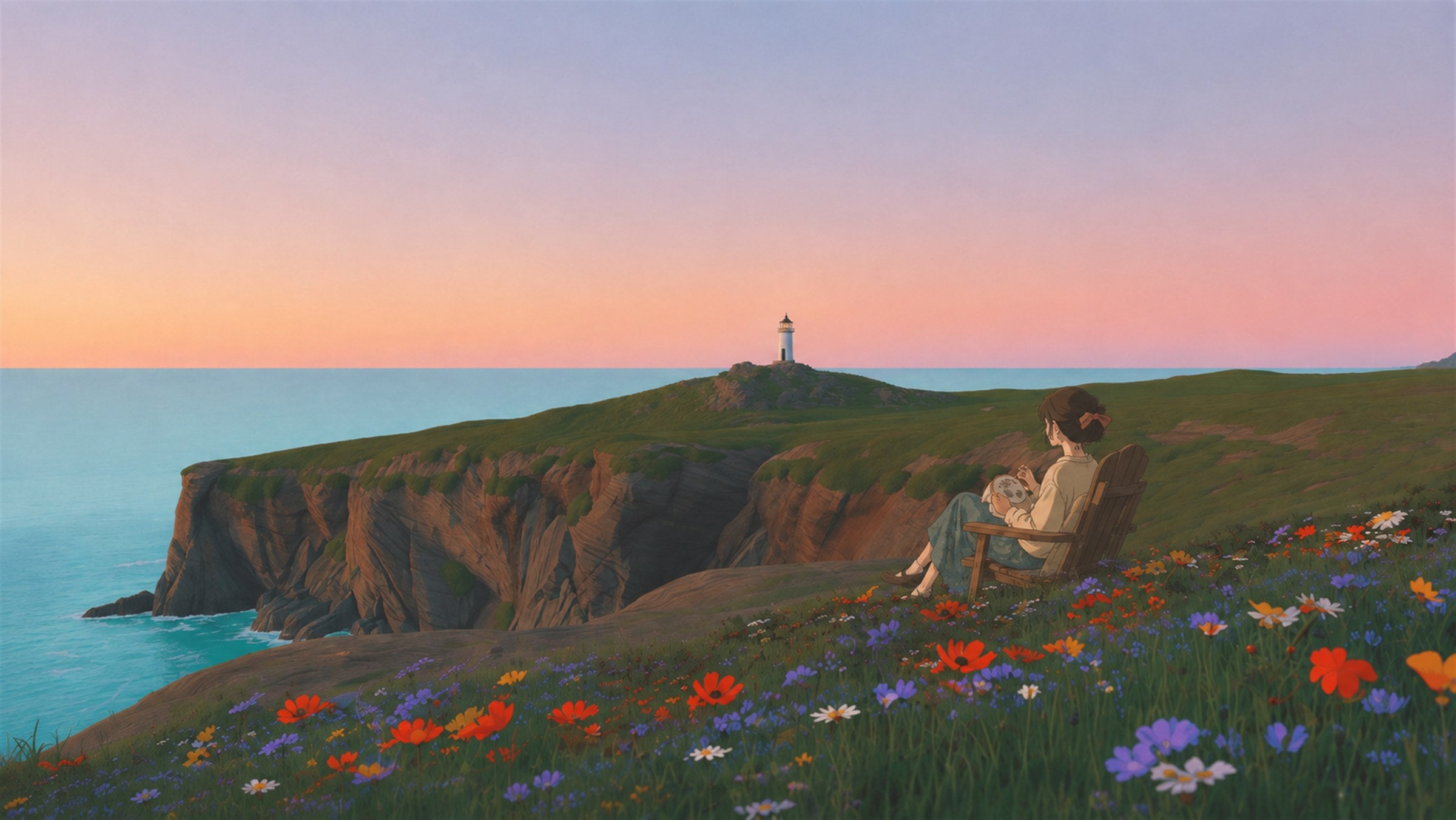 An illustration of a stitcher in a deck chair on a wildflower clifftop at sunset, looking out to a lighthouse and the ocean